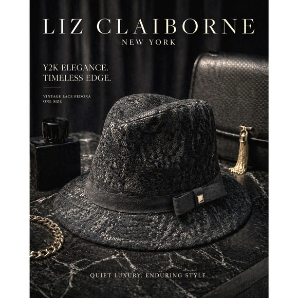 Vintage Y2K Liz Claiborne NY Black Lace Fedora Hat Tall Crown O/S Millenium Chic main image 11